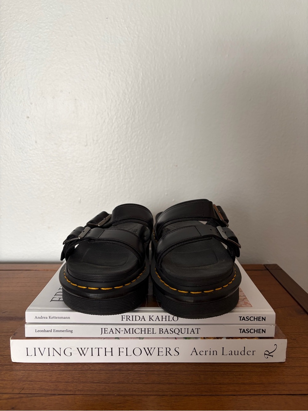 Black Chunky Double-Strap Sandals with Yellow Stitching - Picture 3 of 5